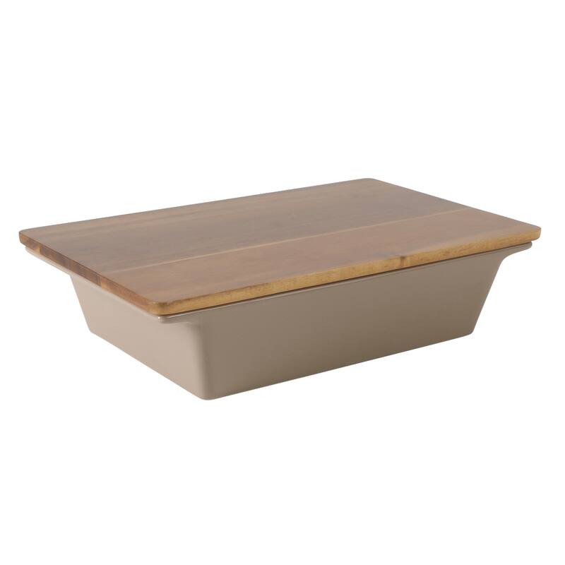 Gibson Elite 2 Quart or 2.75-Quart Stoneware Baking Dish with Acacia Wood Lid - Taupe Rectangular Oven Safe Baker - 13.5" x 8.5"