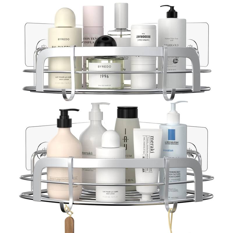 2 Pack Adhesive Wall Mounted Shower Caddy with 4 Movable Hooks