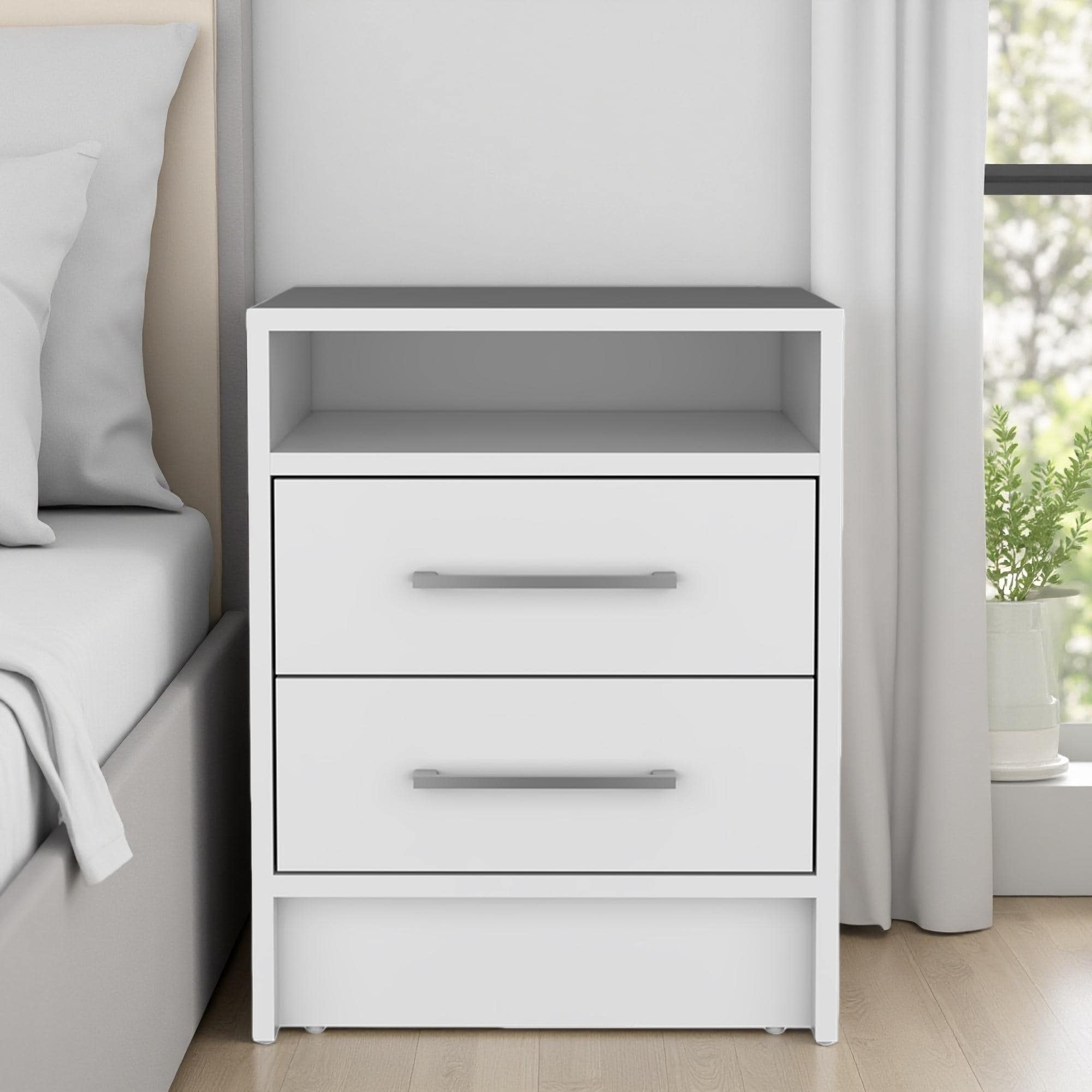 15.7"L Modern Durable Nightstand with Two Drawers and Open Shelf, Metal Hardware Bedside Table