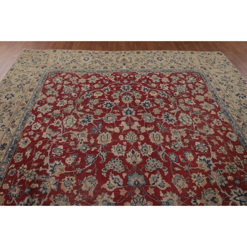 Distressed Floral Tabriz Persian Antique Rug Hand-Knotted Wool Carpet - 9'3" x 12'5"