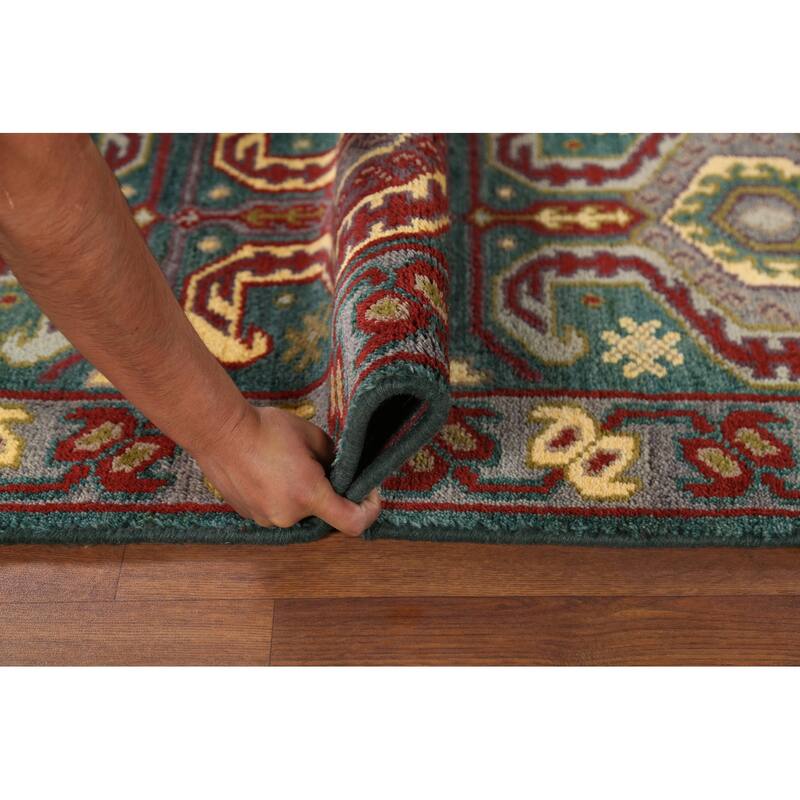 Green Geometric Kazak Runner Rug Hand-Knotted Wool Carpet - 2'5"x 9'8"