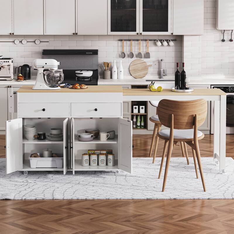 Kitchen Island with Extendable Dining Table , Rolling Kitchen Island on Wheels with Spice Rack and 2 Drawers