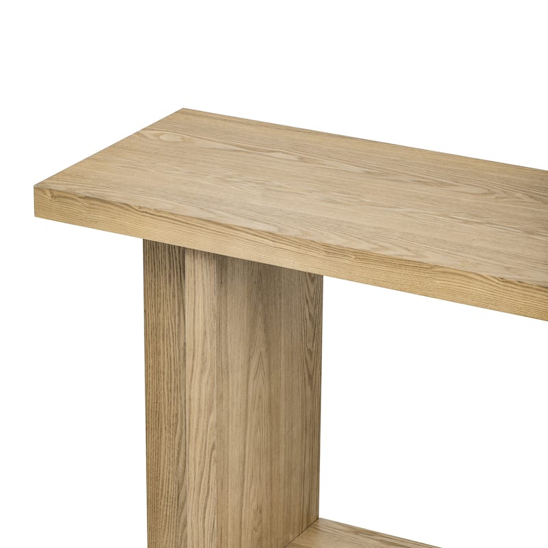 Ash Wood Veneer Console Table with T-Leg Design, 60" Long Wooden Entryway Table, Living Room Sofa Table with Storage Shelf