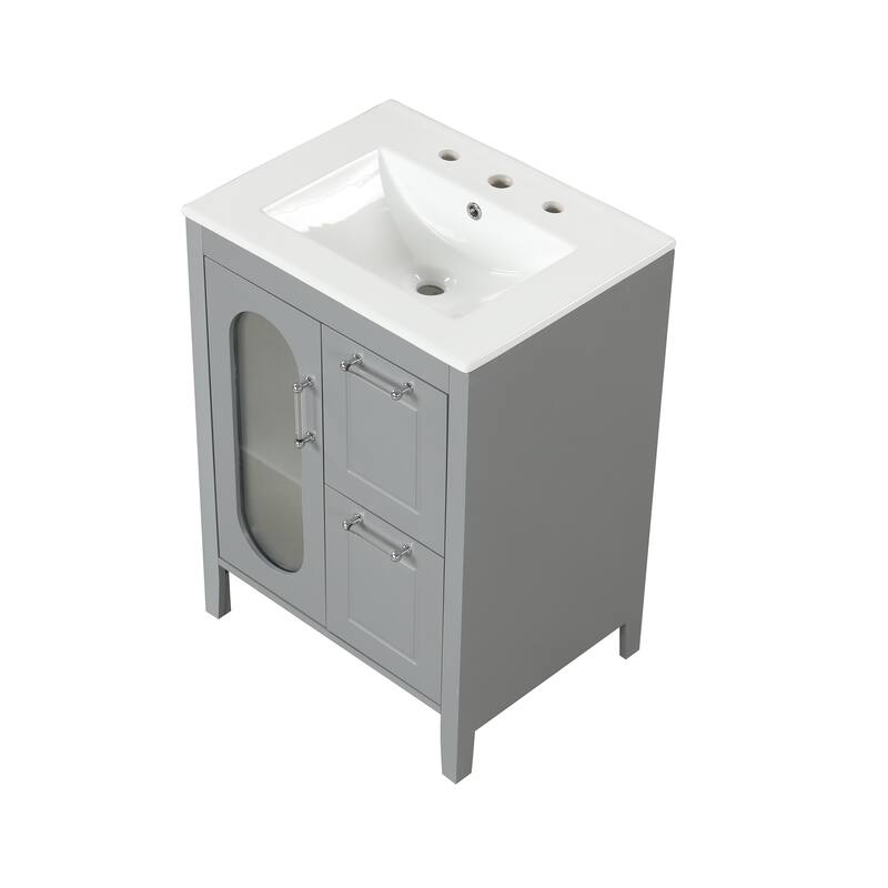 Roomfitters 24" Bathroom Vanity with Sink, Solid Wood Frame & Moru Glass Door, 2 Drawers & Adjustable Shelf