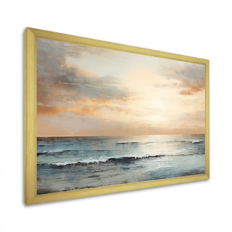 Designart "Beige And Golden Beach Sunset Paradise III" Coastal Sunset Framed Canvas Art Print