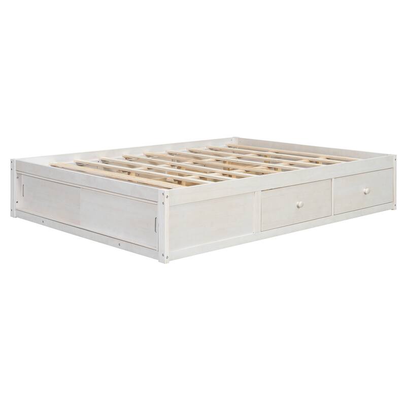 Queen Size Platform Bed Open Frame with Footboard Storage and 4 Drawers