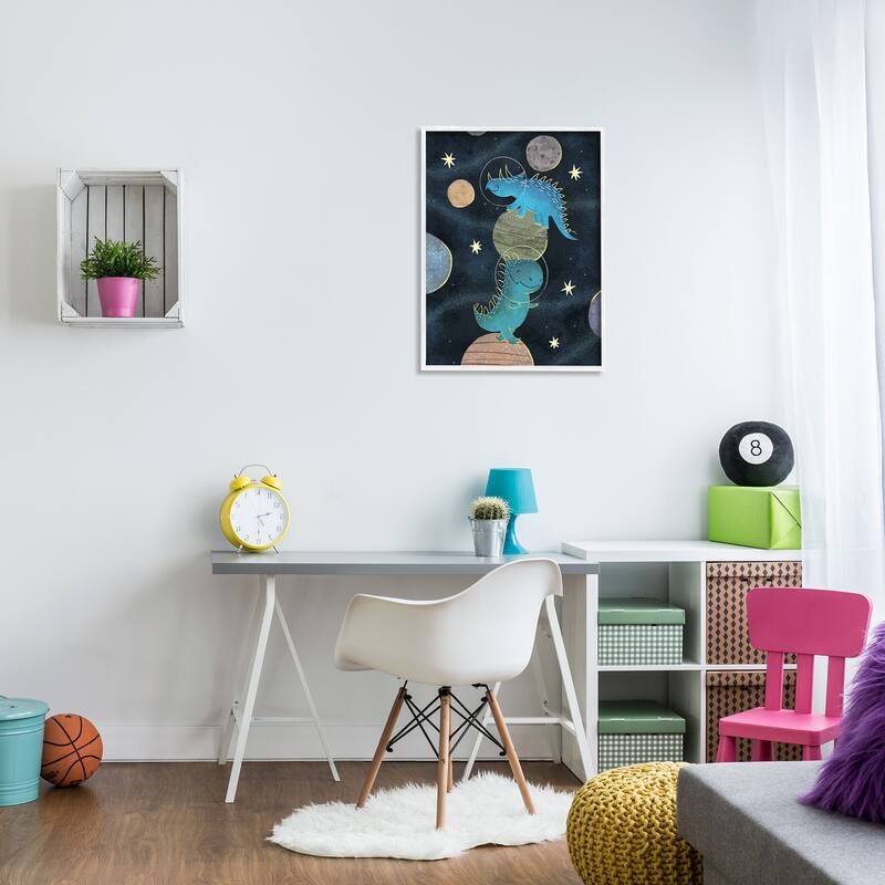 Stupell Galactic Dinosaur Astronauts Outer Space Planets Framed Wall Art - Blue