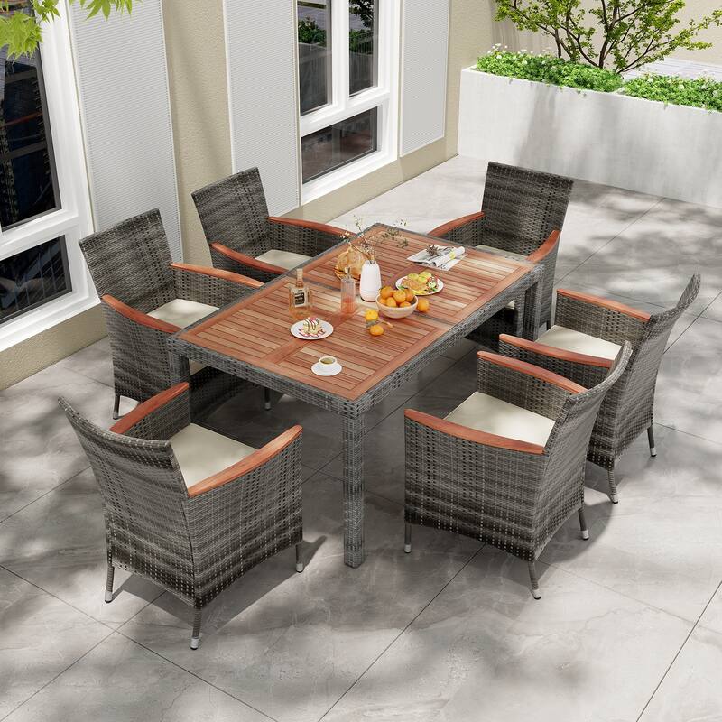 Cushioned 7-Piece Patio Dining Set in Acacia Wood and PE Rattan Wicker - 59" L x 35.5" W x 29" H - Grey-Natural