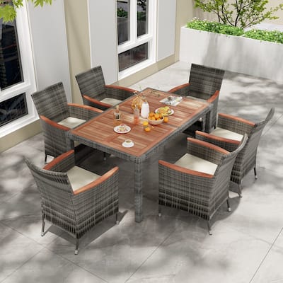 Cushioned 7-Piece Patio Dining Set in Acacia Wood and PE Rattan Wicker - 59" L x 35.5" W x 29" H