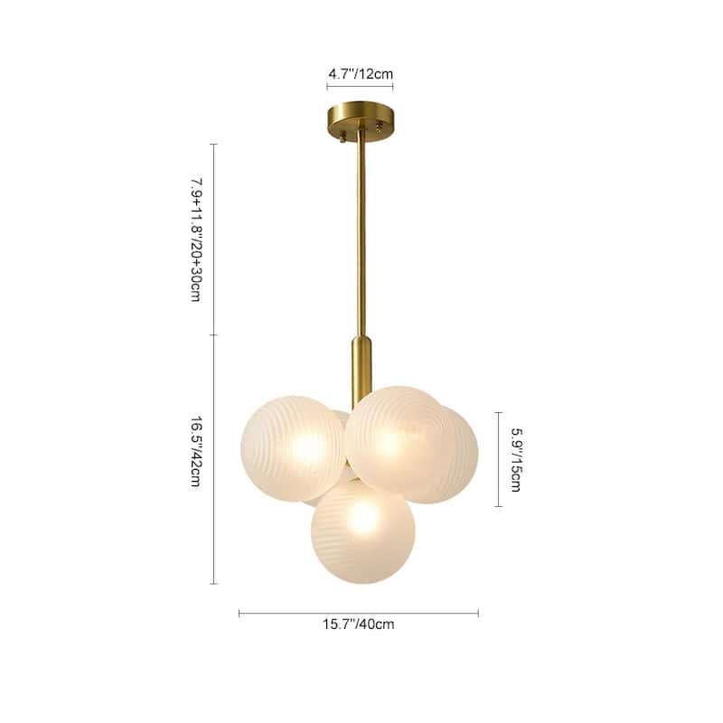 Modern Mid-century Brass Frosted Ribbed Glass Glass Bubble Chandelier