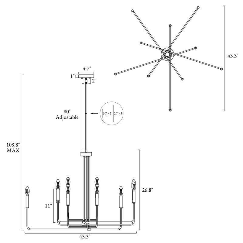 Modern Farmhouse Black 10-Light Candle Chandelier for Dining Living Room - D 43.3" x H 26.8"