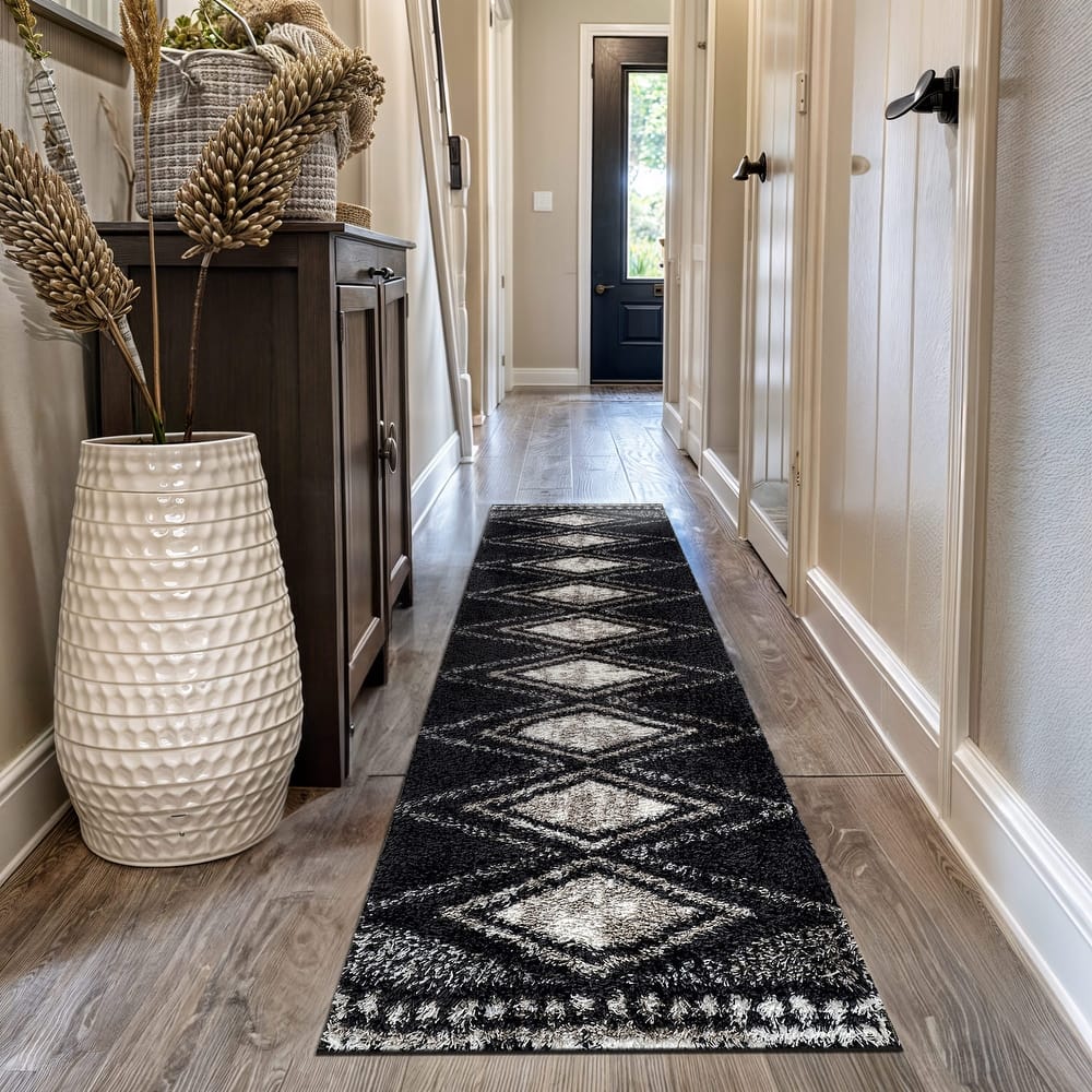 World Rug Gallery Geometric Grid Shag Area Rug – Dark Gray