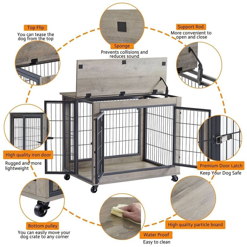 Dog Crate Furniture with Double Doors on Casters