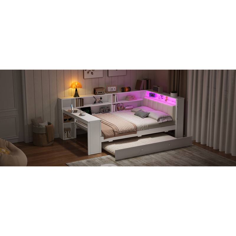 Roomfitters Twin/Full Platform Bed with Trundle, LED Headboard, Charging Station and Storage