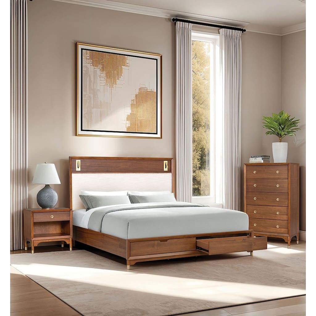 Walnut Finish 3pc Storage Bed Charging Port Nightstand Chest Bedroom Set