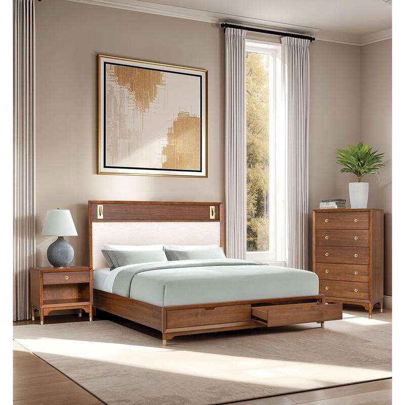 Walnut Finish 3pc Storage Bed Charging Port Nightstand Chest Bedroom Set