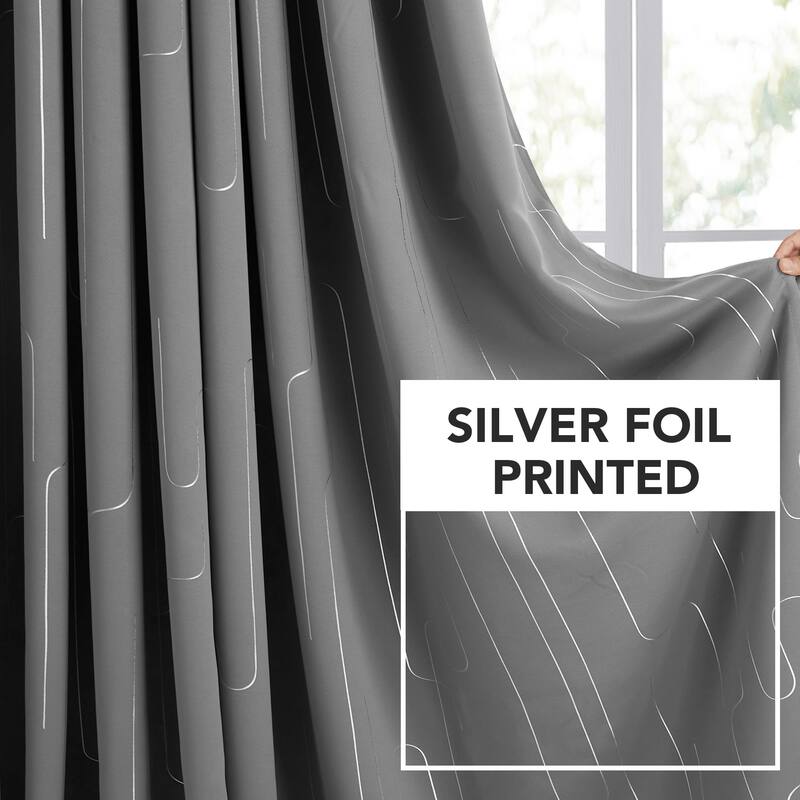 Grommet Curtains, Room Darkening Window Drapes with Lines Foil Print