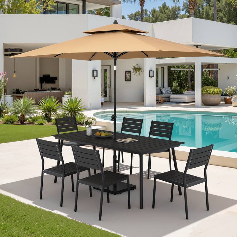 9PC Outdoor Patio Dining Set Wood-Like Aluminum Table with Stackable Chairs,Double Top Market Umbrella and Wheel Base - BlackTable&BlackChairs&TanUmbrella