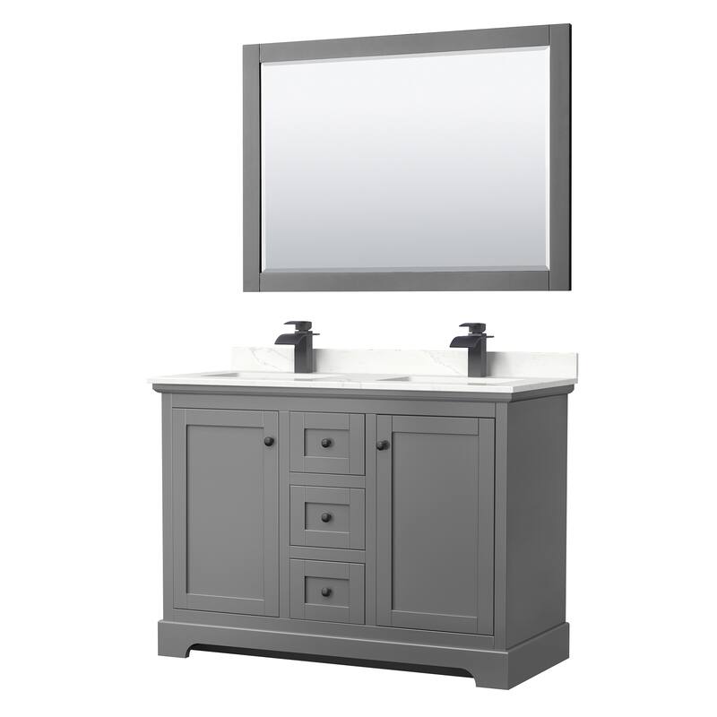 Avery 48-inch Double Vanity, Quartz Top, 46-inch Mirror - Dark Gray, Black Trim, Giotto Quartz Top