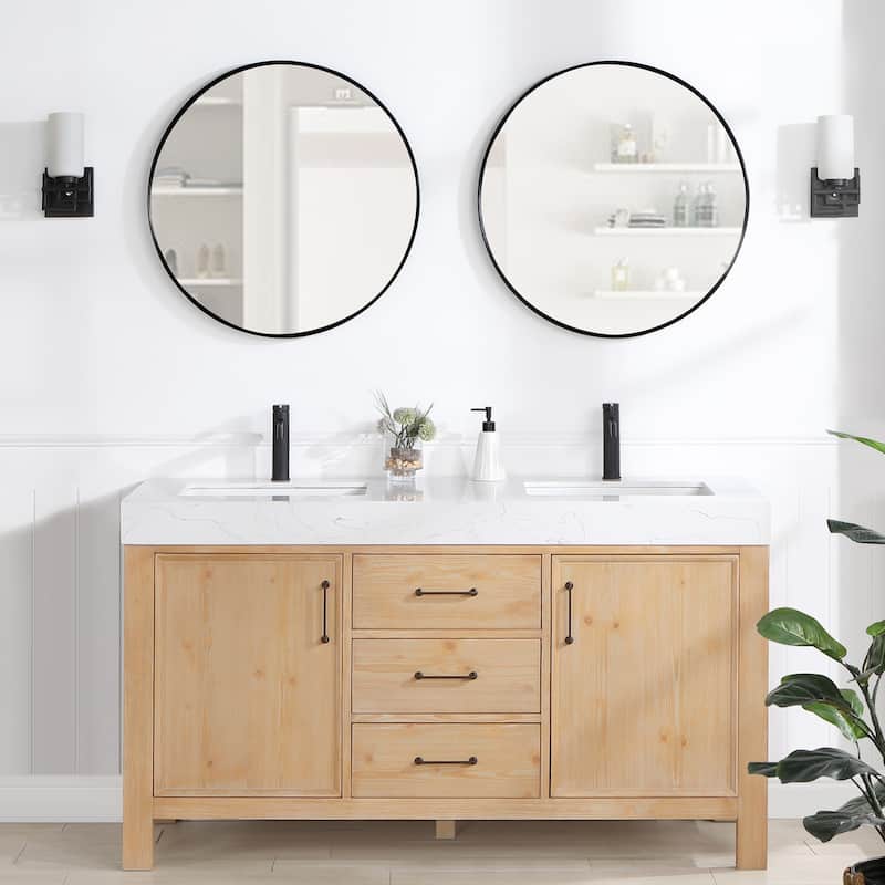 Leon 60 in. Double Bathroom Vanity with Composite Stone Top - 60 in. - Brown - With Mirror