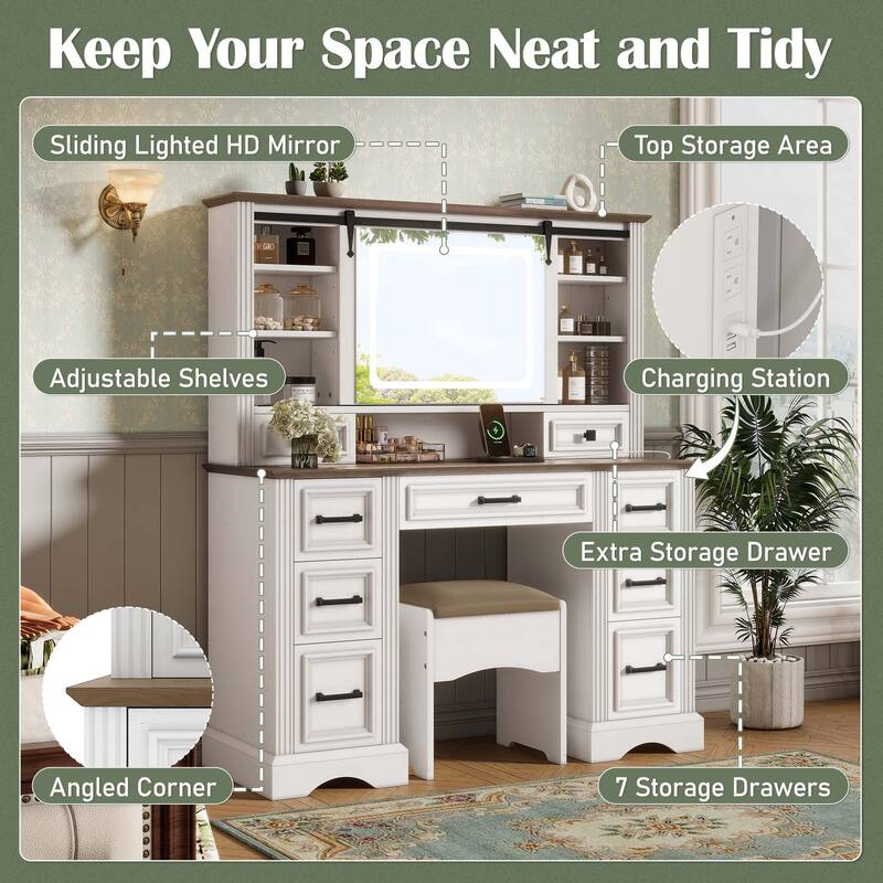 Large Makeup Vanity and Stool Set, Farmhouse Vanity Desk Dressing Table with Sliding Mirror & Charging Station
