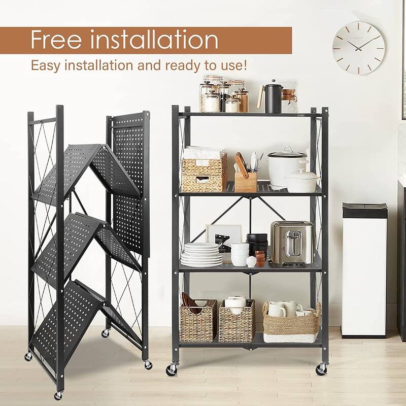 4-Tier Foldable Storage Shelving Unit, Heavy Duty Metal Shelf, Kitchen Shelf with 3 Hooks