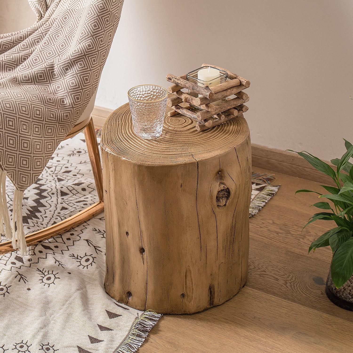 COSIEST Outdoor Wood Tree-Trunk End Table