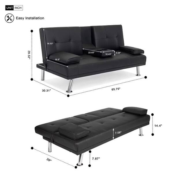 dimension image slide 0 of 4, Modern Convertible Sleeper Sofa, Faux Leather Foldable Recliner Couch with 2 Cup Holders, Upholstered Futon Sofa Bed