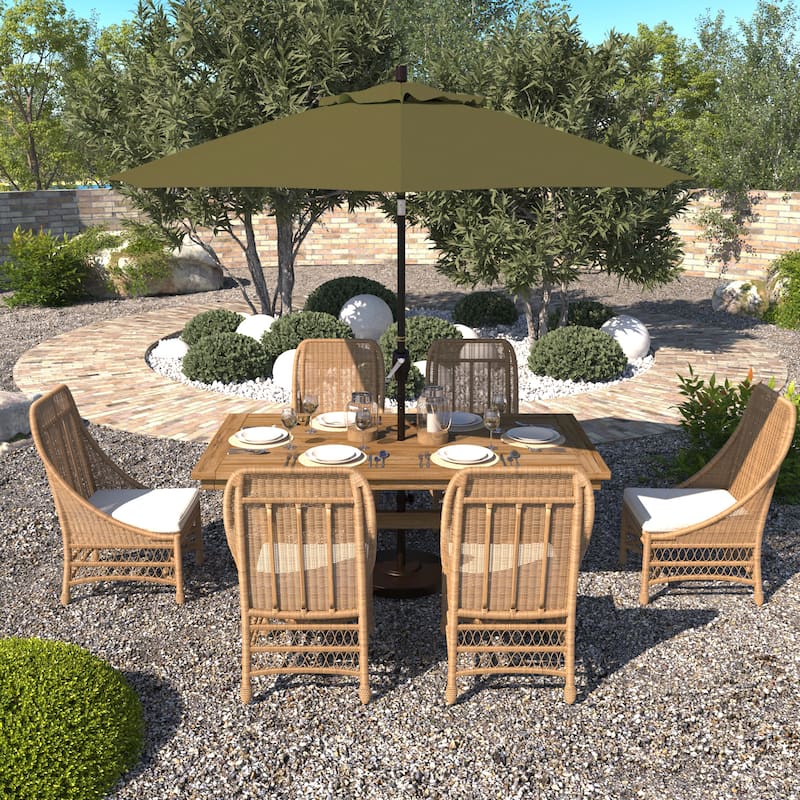 California Umbrella 9' Round Crank Lift Push Button Tilt Bronze Aluminum Patio Umbrella Sunbrella - Spectrum Cilantro