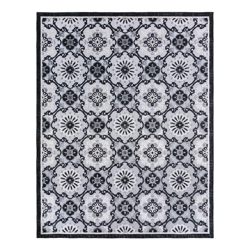 Gertmenian Fosel Chora Black Modern Floral Tile Indoor/ Outdoor High-Low Area Rug