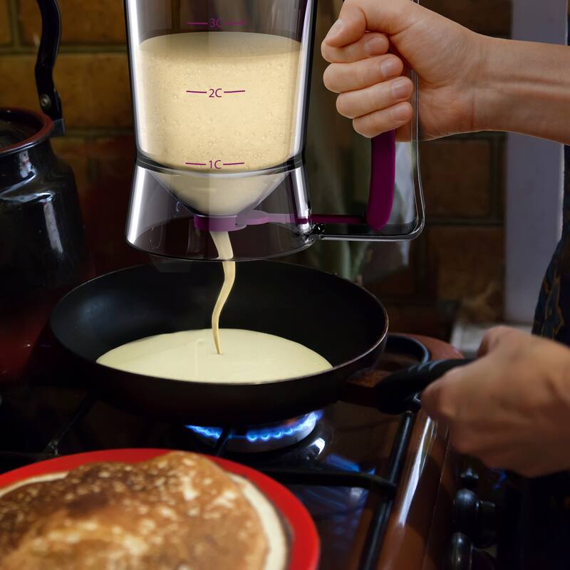 Pancake Batter Dispenser - Kitchen Accessory with Spring-Loaded Handle for Waffle Maker or Griddle by Hastings Home (Purple)