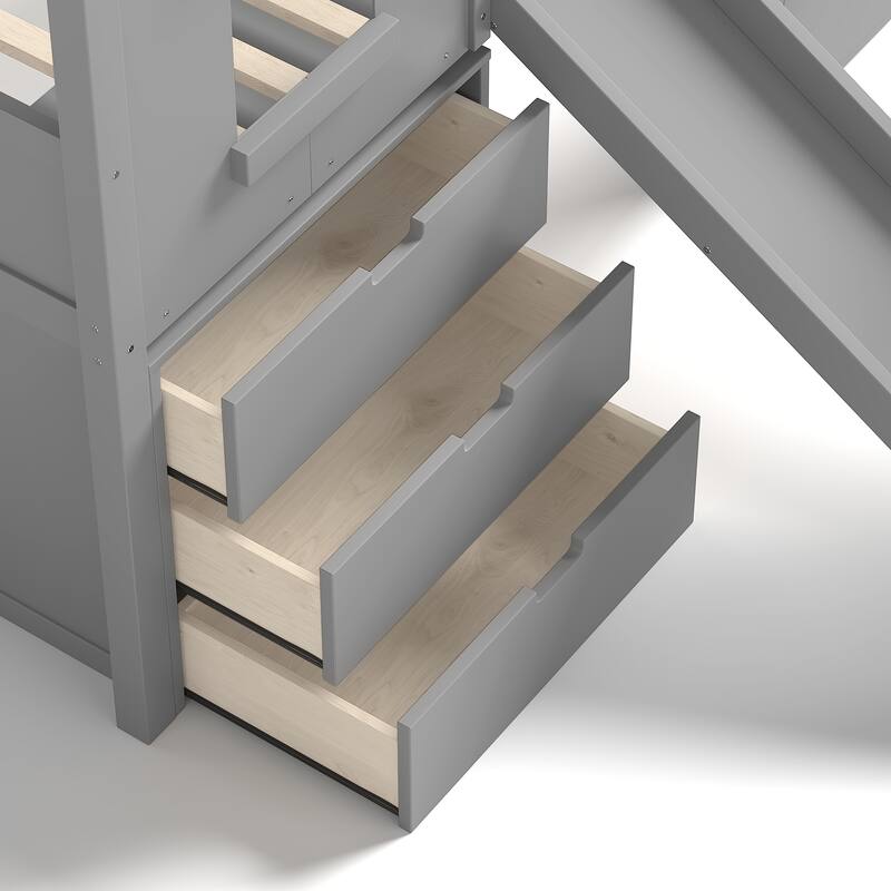 Twin Loft Bed with Storage Cabinets and Removable Desk, Kids House Loft Bed with Slide and Stairs, Childlike