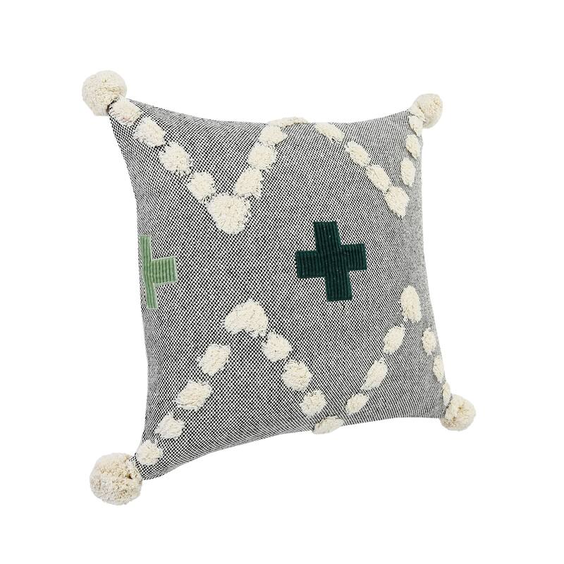 Hand-Stitched Swiss Cross Cotton Throw Pillow Cover - 20" - Gray and Green