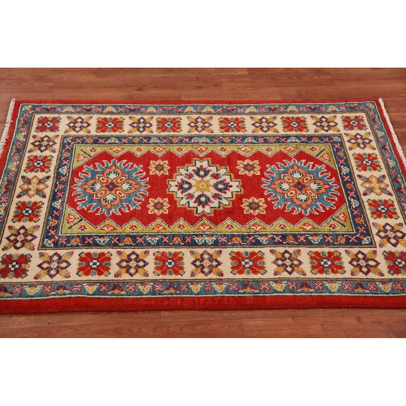 Red Kazak Foyer Rug Hand-Knotted Geometric Accent Wool Carpet - 2'9"x 4'0"