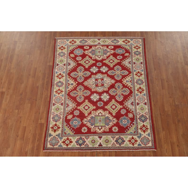 Red Kazak Area Rug Hand-Knotted Traditional Wool Carpet - 5'1" x 6'5"
