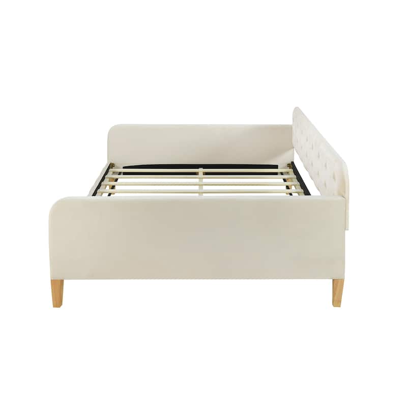 Button Backrest Upholstered Platform Bed Frame, Twin XL Size Daybed with LED Belt and Slats, Pull-out Trundle Bed