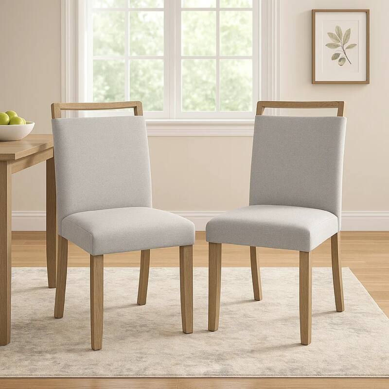 Koji Dining Chair Set of 2, Gray Fabric Padded Seat, Brown Wood Frame