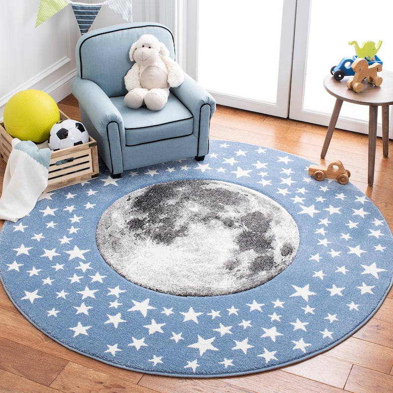 SAFAVIEH Carousel Kids Aine Moon Rug - 3' Round - Light Blue/Grey