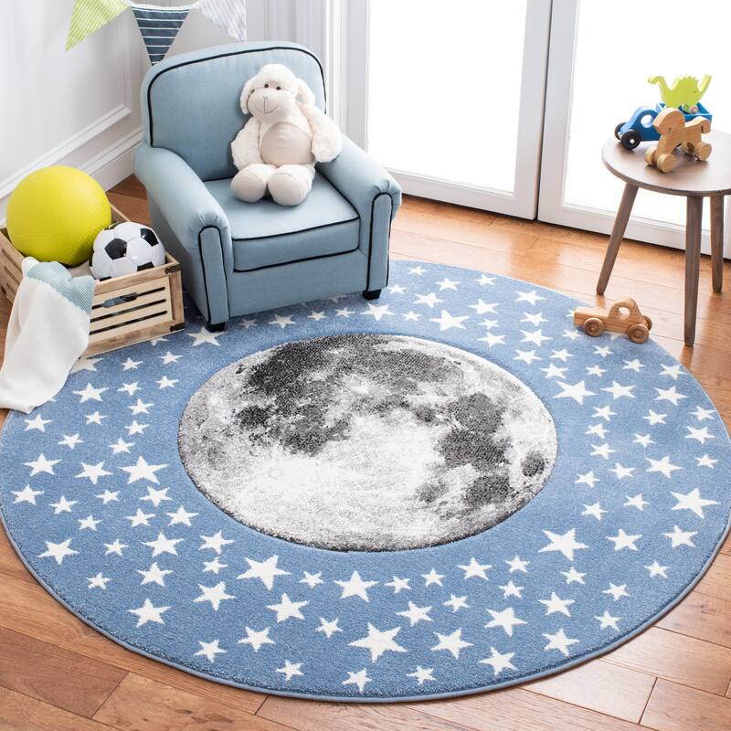 SAFAVIEH Carousel Kids Atsumi Moon Rug - 3' Round - Light Blue/Grey
