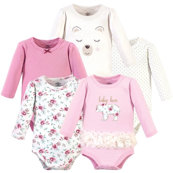 slide 1 of 1, Little Treasure Baby Girl Cotton Long-Sleeve Bodysuits 5pk, Floral Baby Bear 0-3 Months - Floral Baby Bear 5-Pack