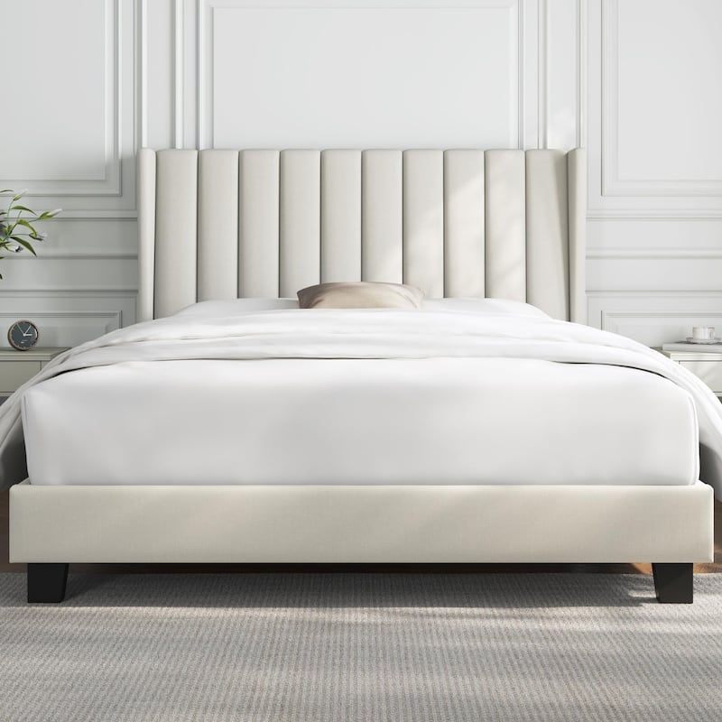 Full Bed Frame Upholstered Platform Bed with Fabric Headboard, Wing Edge/Wooden Slats Support/No Box Spring Needed