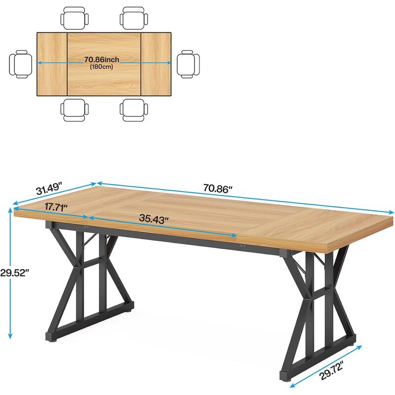 71" Farmhouse Dining Table Rectangular with X-Trestle Metal Legs Light Walnut & Black