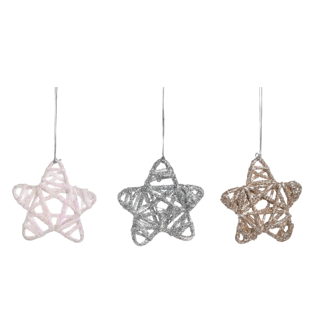 Transpac Medium Natural Glitter Star Set of 3 Christmas Home Decorations - Multicolor