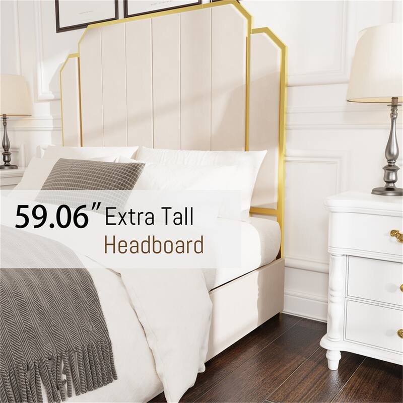 Queen Size Bed Frame and 59.06" Headboard with Golden Plating Trim