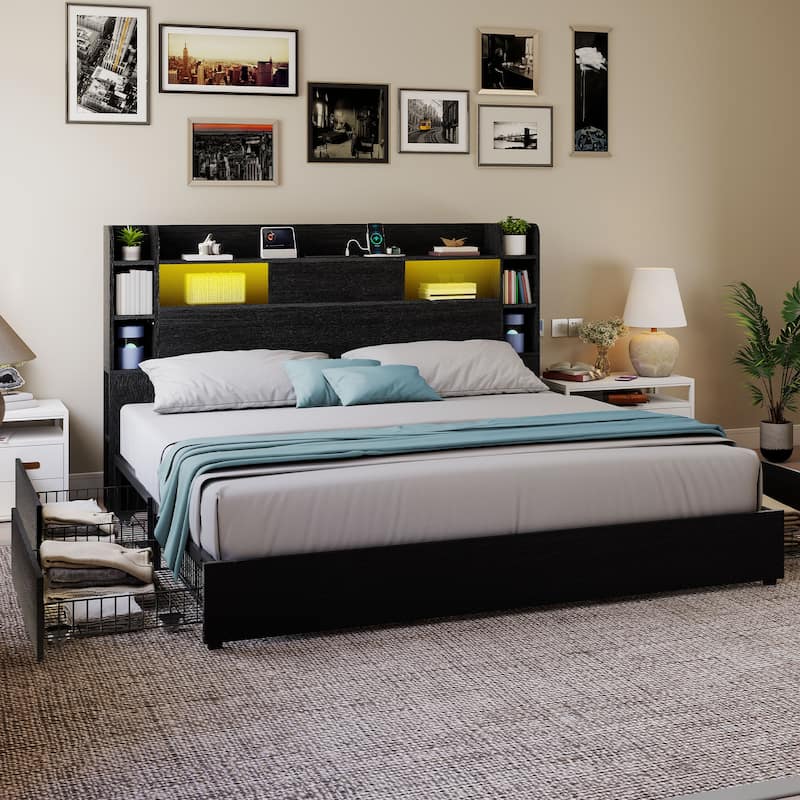 Queen/King Size LED Bed Frame with Bookcase Headboard, 4 Storage Drawers and Charging Station - Black - King