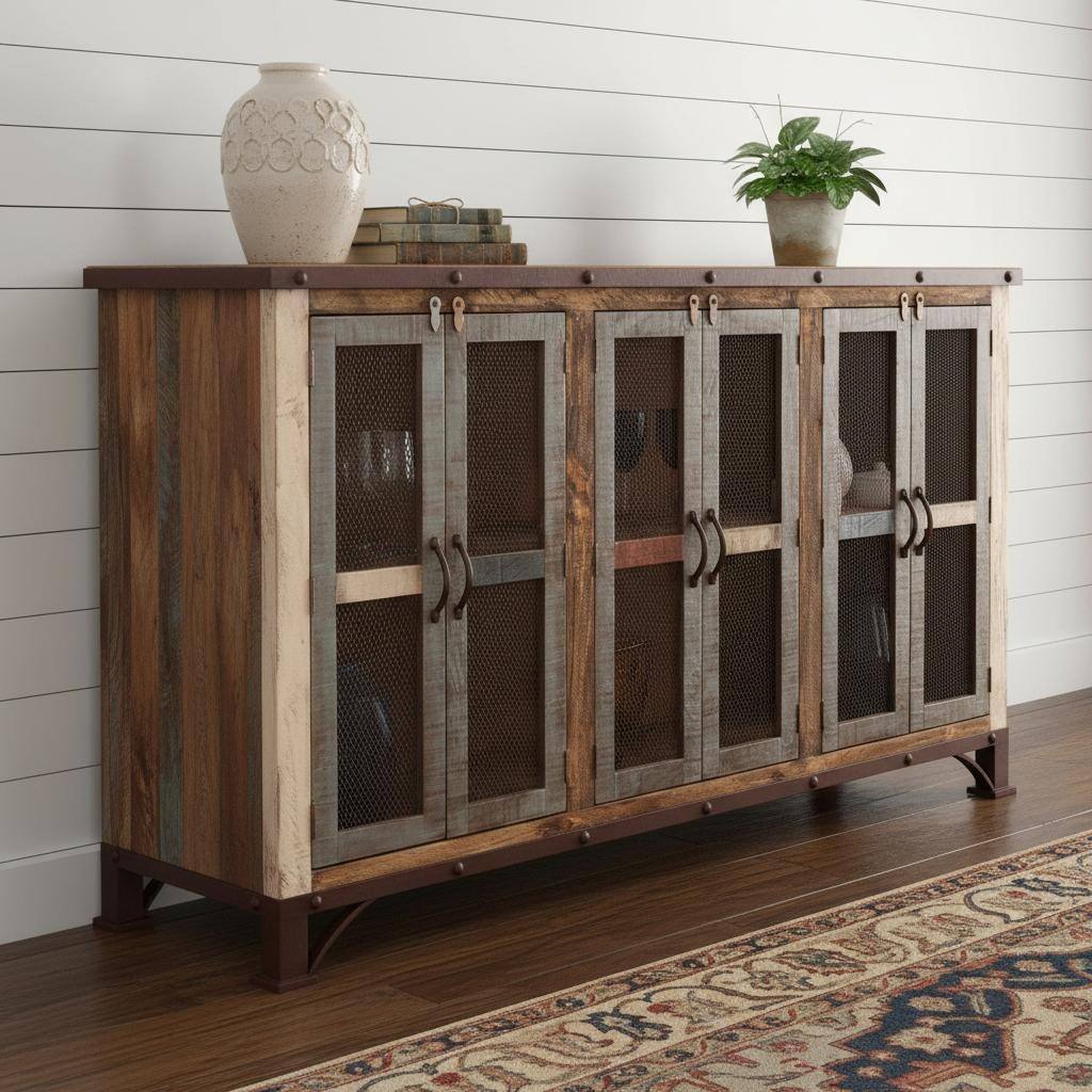 HomeRoots 71" Brown Solid and Manufactured Wood Distressed Credenza - 70.75 in. x 42.25 in. x 15.25 in.