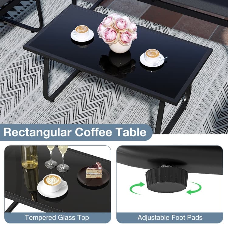 4 Piece Black Fabric Metal Outdoor Conversation Set with Table and Chairs - Table: 33.5" × 18" × 16" (L × W × H)
