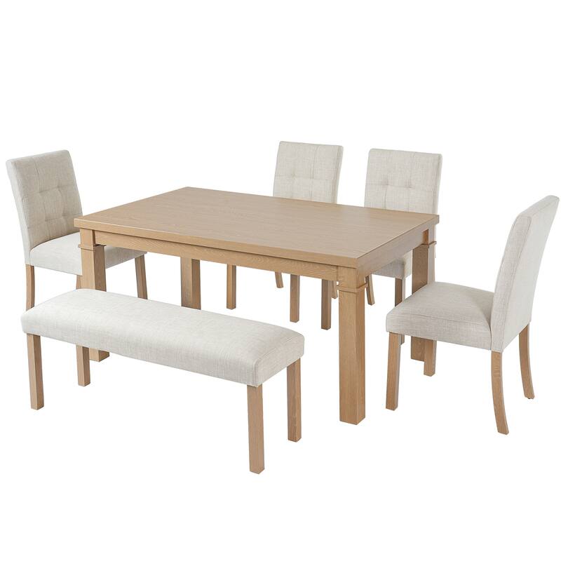 Modern 6-Piece Dining Set, Rectangle Table with 4 Upholstered Chairs and Bench for Dining Room Enjoyment