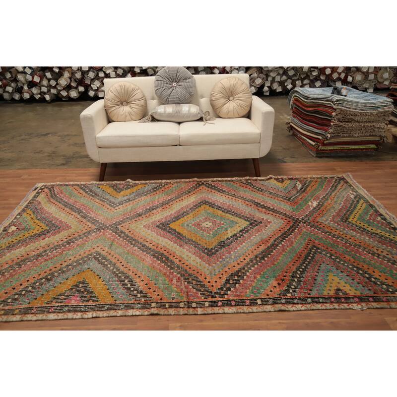 Hand Woven Oriental 100% Wool Carpet Southwestern Tribal Multi-Colored Kilim Area Rug - 9' 2'' X 5' 8''