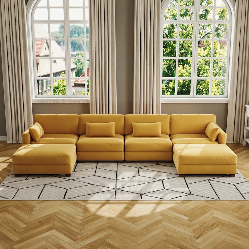Corduroy Modular Sectional Sofa Couch With Chaise Ottoman